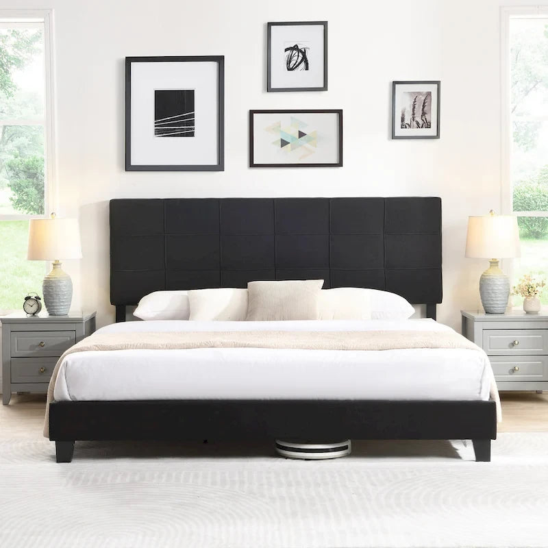 King Size Upholstered Bed with Linen Fabric Headboard