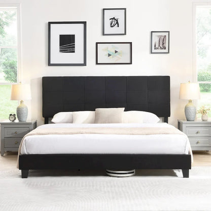 King Size Upholstered Bed with Linen Fabric Headboard