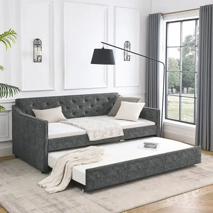 Twin Size Linen Upholstered Daybed Frame with Trundle & Tufted Backrest