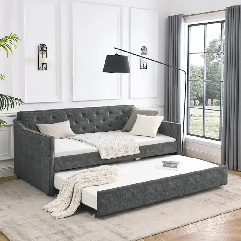 Twin Size Linen Upholstered Daybed Frame with Trundle & Tufted Backrest
