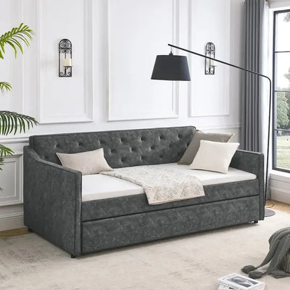 Twin Size Linen Upholstered Daybed Frame with Trundle & Tufted Backrest