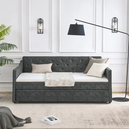 Twin Size Linen Upholstered Daybed Frame with Trundle & Tufted Backrest