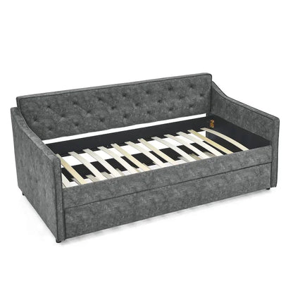 Twin Size Linen Upholstered Daybed Frame with Trundle & Tufted Backrest