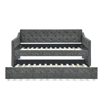 Twin Size Linen Upholstered Daybed Frame with Trundle & Tufted Backrest