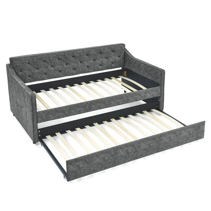 Twin Size Linen Upholstered Daybed Frame with Trundle & Tufted Backrest