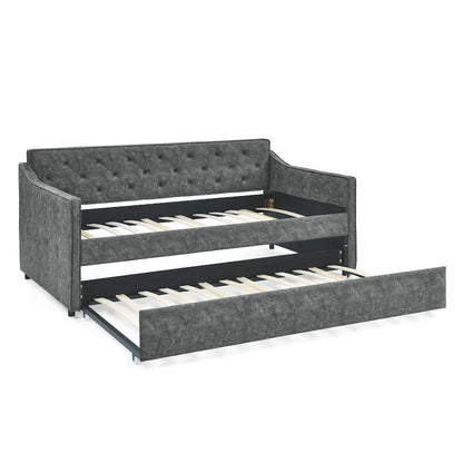 Twin Size Linen Upholstered Daybed Frame with Trundle & Tufted Backrest
