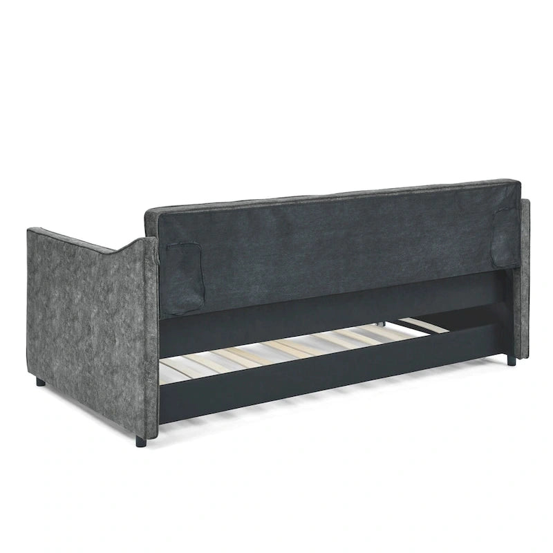 Twin Size Linen Upholstered Daybed Frame with Trundle & Tufted Backrest