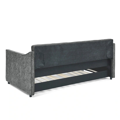 Twin Size Linen Upholstered Daybed Frame with Trundle & Tufted Backrest