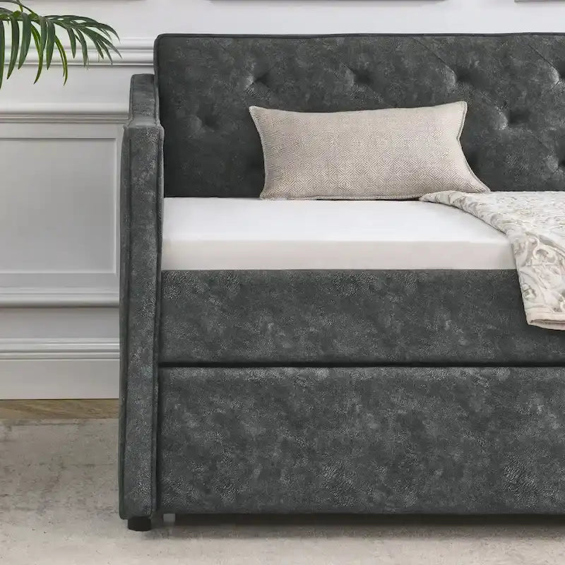Twin Size Linen Upholstered Daybed Frame with Trundle & Tufted Backrest