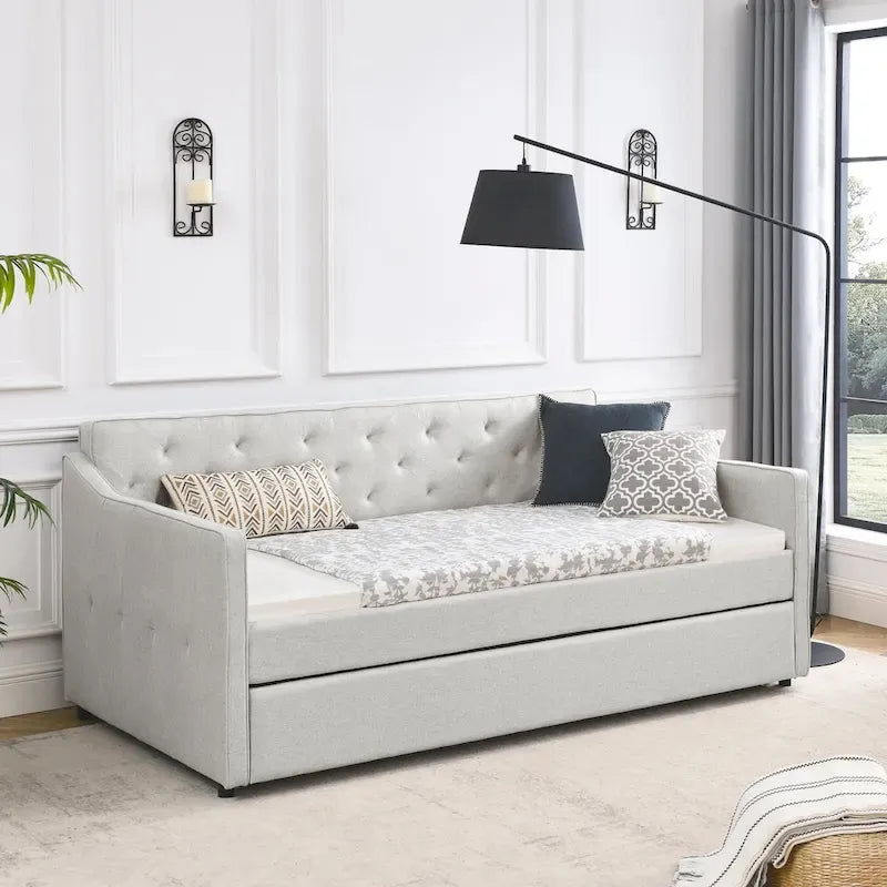 Twin Size Linen Upholstered Daybed Frame with Trundle & Tufted Backrest