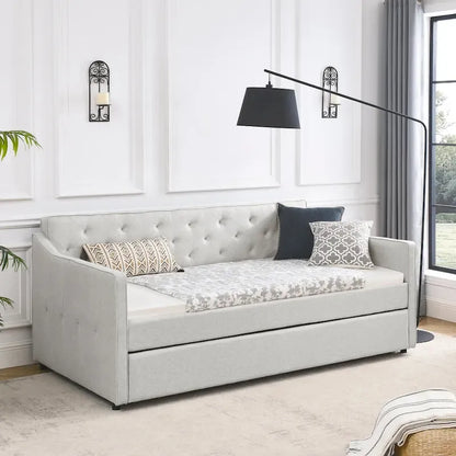 Twin Size Linen Upholstered Daybed Frame with Trundle & Tufted Backrest