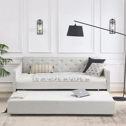 Twin Size Linen Upholstered Daybed Frame with Trundle & Tufted Backrest