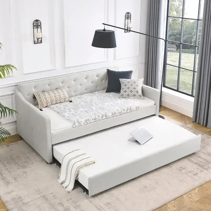 Twin Size Linen Upholstered Daybed Frame with Trundle & Tufted Backrest