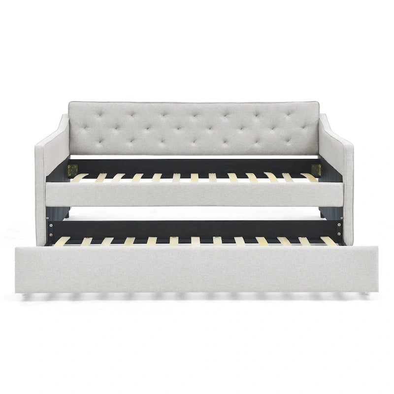 Twin Size Linen Upholstered Daybed Frame with Trundle & Tufted Backrest
