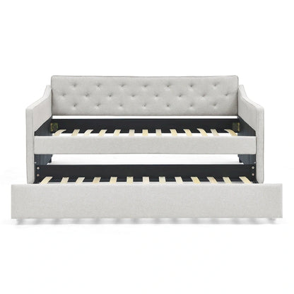 Twin Size Linen Upholstered Daybed Frame with Trundle & Tufted Backrest
