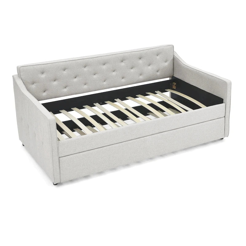 Twin Size Linen Upholstered Daybed Frame with Trundle & Tufted Backrest