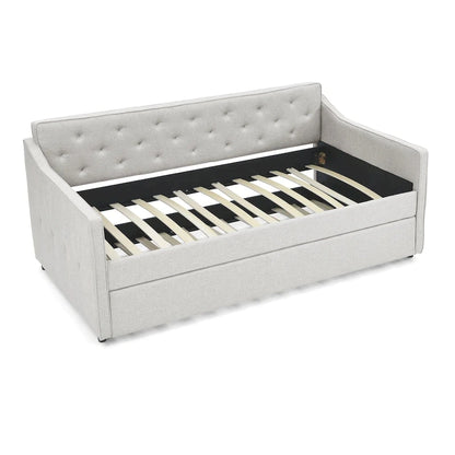 Twin Size Linen Upholstered Daybed Frame with Trundle & Tufted Backrest