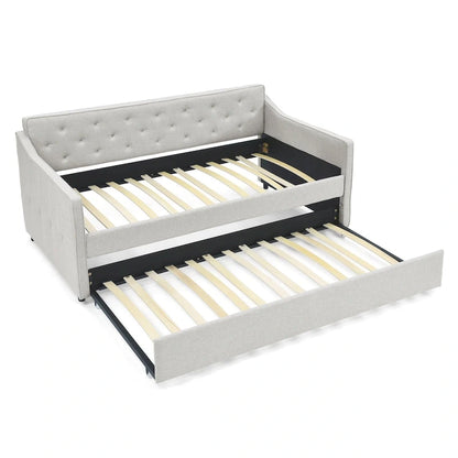 Twin Size Linen Upholstered Daybed Frame with Trundle & Tufted Backrest