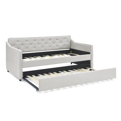Twin Size Linen Upholstered Daybed Frame with Trundle & Tufted Backrest