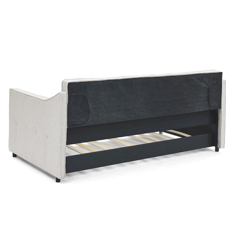 Twin Size Linen Upholstered Daybed Frame with Trundle & Tufted Backrest