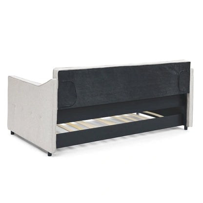 Twin Size Linen Upholstered Daybed Frame with Trundle & Tufted Backrest