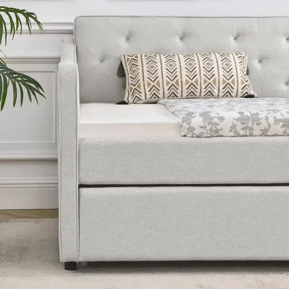 Twin Size Linen Upholstered Daybed Frame with Trundle & Tufted Backrest
