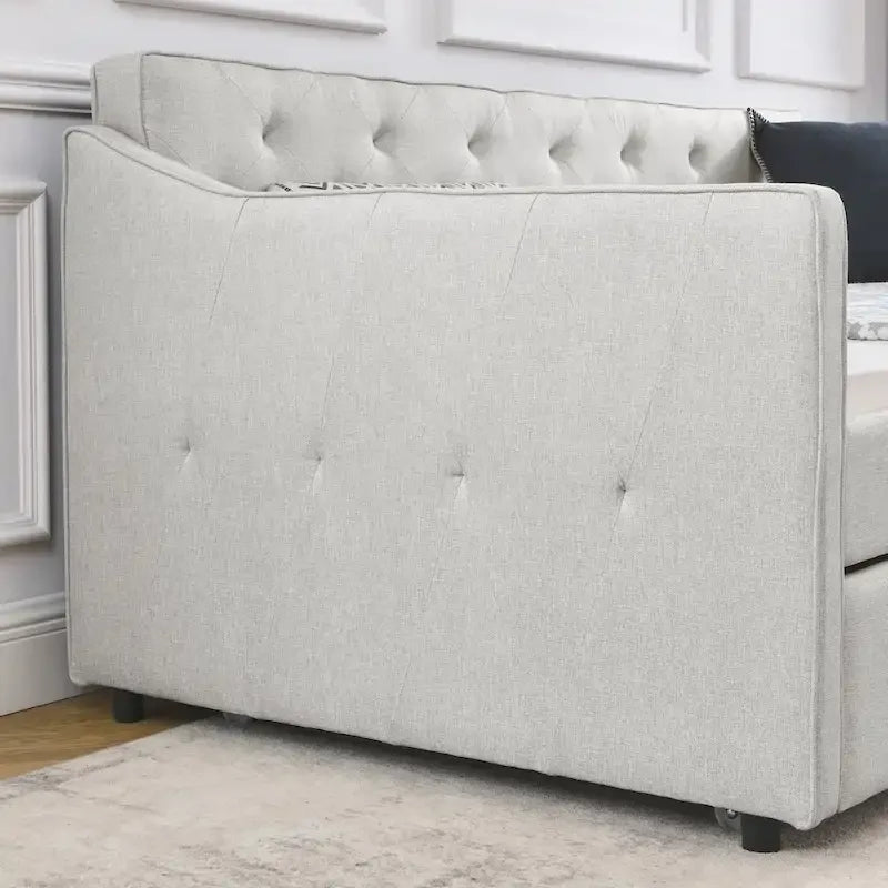 Twin Size Linen Upholstered Daybed Frame with Trundle & Tufted Backrest