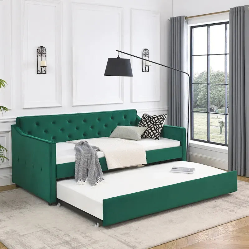 Twin Size Linen Upholstered Daybed Frame with Trundle & Tufted Backrest