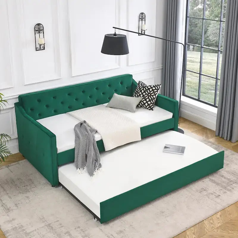 Twin Size Linen Upholstered Daybed Frame with Trundle & Tufted Backrest
