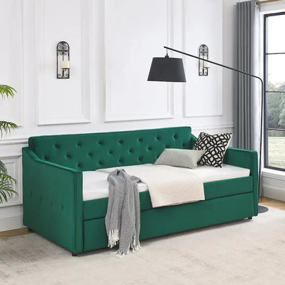 Twin Size Linen Upholstered Daybed Frame with Trundle & Tufted Backrest