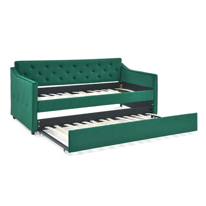 Twin Size Linen Upholstered Daybed Frame with Trundle & Tufted Backrest