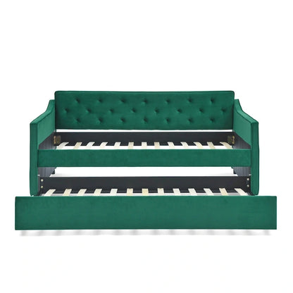 Twin Size Linen Upholstered Daybed Frame with Trundle & Tufted Backrest