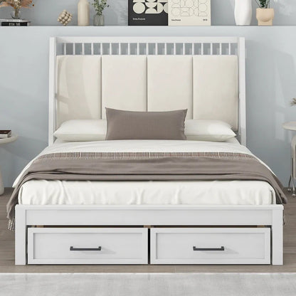 Full Size Wooden Platform Bed with Upholstered Headboard and 2 Drawers