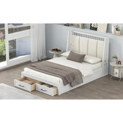Full Size Wooden Platform Bed with Upholstered Headboard and 2 Drawers