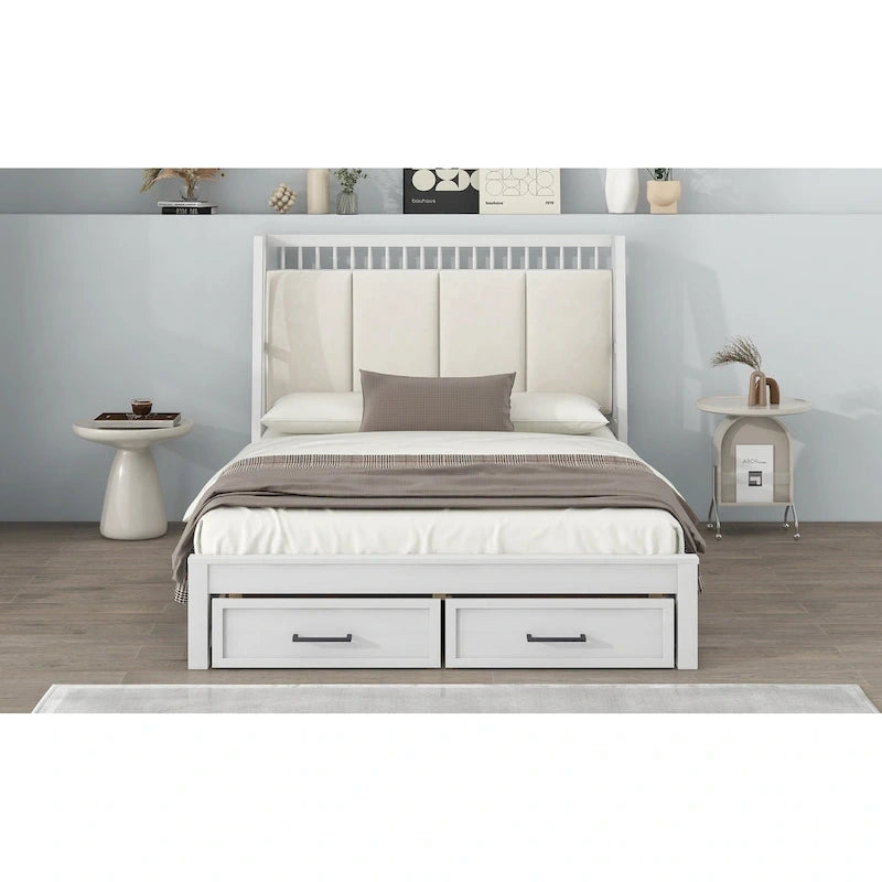 Full Size Wooden Platform Bed with Upholstered Headboard and 2 Drawers