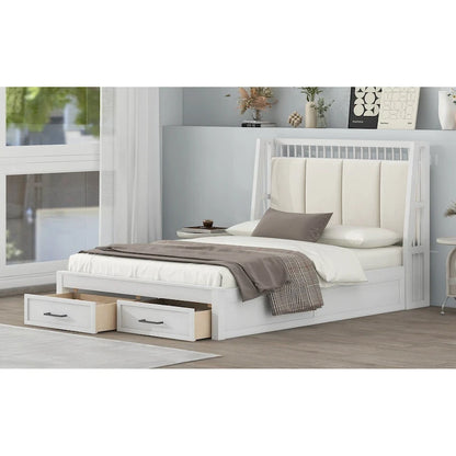 Full Size Wooden Platform Bed with Upholstered Headboard and 2 Drawers