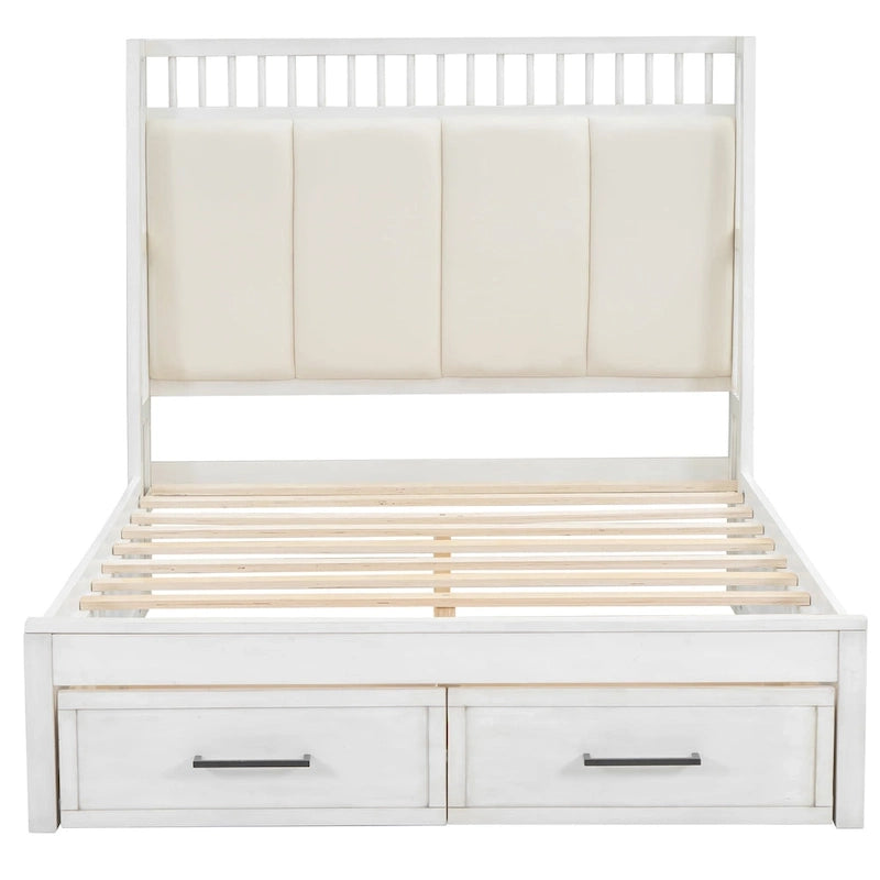 Full Size Wooden Platform Bed with Upholstered Headboard and 2 Drawers