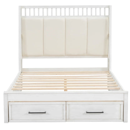 Full Size Wooden Platform Bed with Upholstered Headboard and 2 Drawers