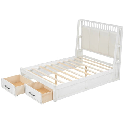 Full Size Wooden Platform Bed with Upholstered Headboard and 2 Drawers
