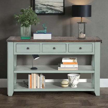 48 Solid Pine Wood Top Console Table, Modern Entryway Sofa Side Table with 3 Storage Drawers and 2 Shelves. Easy to Assemble