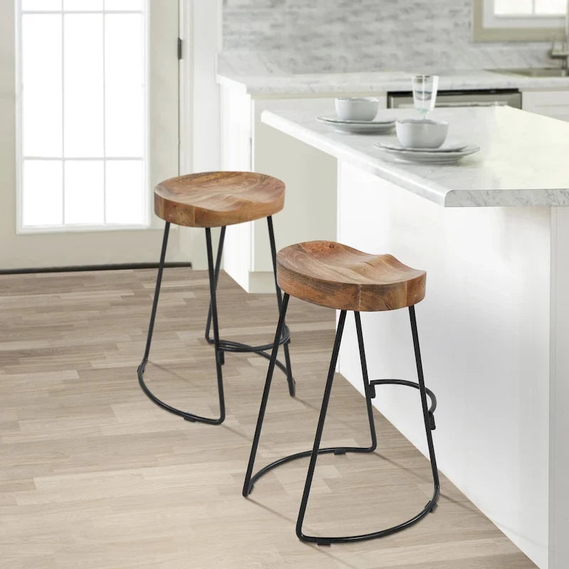 24 Inch Handcrafted Backless Barstool, Natural Brown Mango Wood Thick Saddle Seat, Black Iron Base