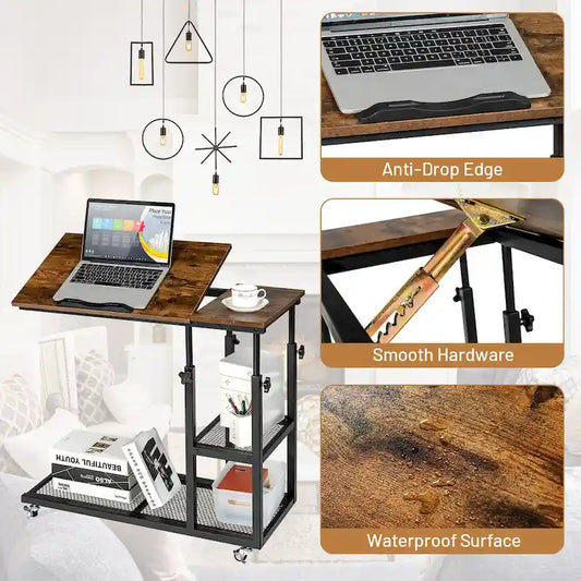 C Shaped End Table Height Adjustable Mobile Couch Desk with Wheels