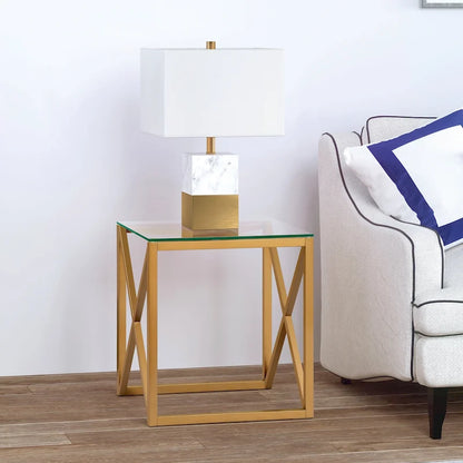 Geometric X-Base Metal & Glass Side Table in Golden Brass Finish