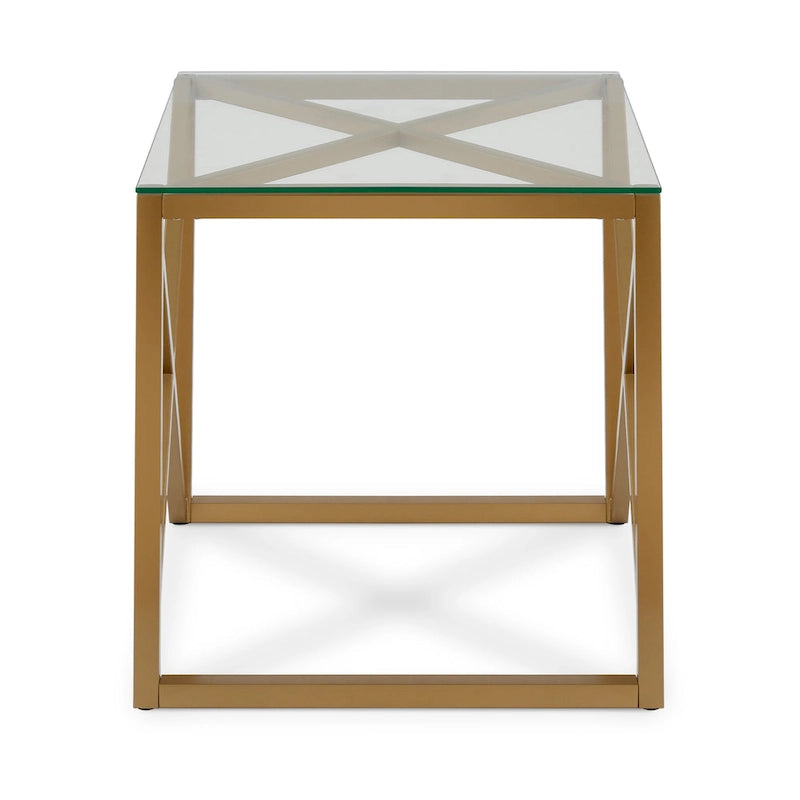 Geometric X-Base Metal & Glass Side Table in Golden Brass Finish