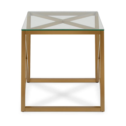 Geometric X-Base Metal & Glass Side Table in Golden Brass Finish