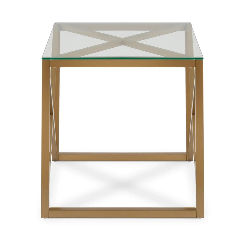 Geometric X-Base Metal & Glass Side Table in Golden Brass Finish