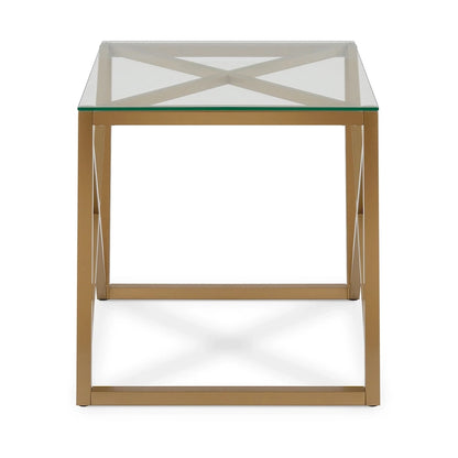 Geometric X-Base Metal & Glass Side Table in Golden Brass Finish