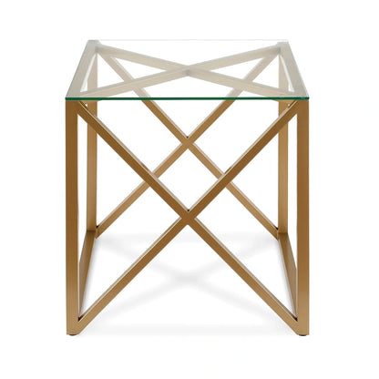 Geometric X-Base Metal & Glass Side Table in Golden Brass Finish
