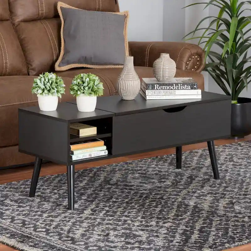 Modern Two-Tone Black and Espresso Brown Finished Wood Coffee Table with Lift-Top Storage Compartment