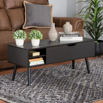 Modern Two-Tone Black and Espresso Brown Finished Wood Coffee Table with Lift-Top Storage Compartment